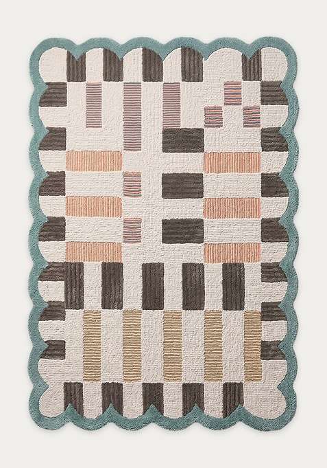 100% Wool Handmade Beige Rug | Modern Checkered Rectangle Carpet With Cotton Backing For Living Room