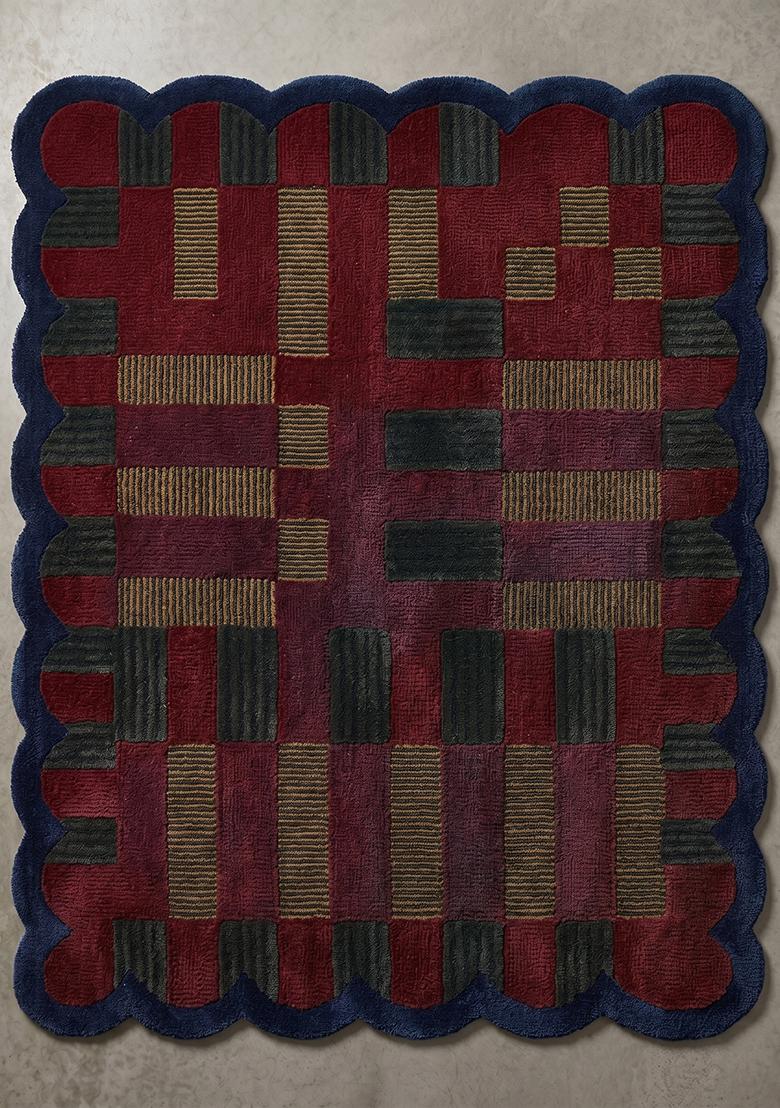 Saffron Rugs Hand Tufted Deep Red Checkered Modern Rectangle Wool Area Rug - Indya