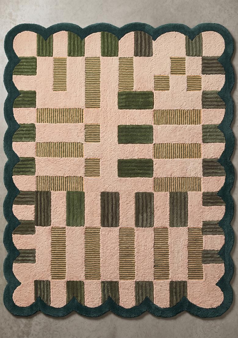 Saffron Rugs Hand Tufted Olive Green Checkered Modern Rectangle Wool Area Rug - Indya