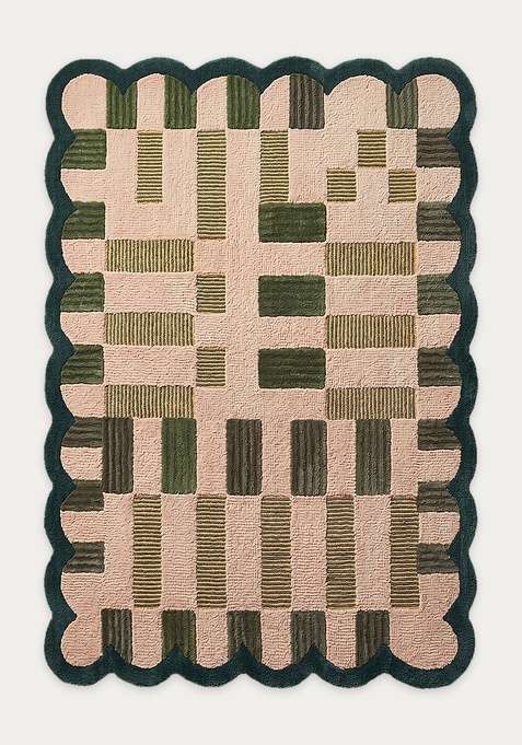 100% Wool Handmade Olive Green Rug | Modern Checkered Rectangle Carpet With Cotton Backing For Living Room