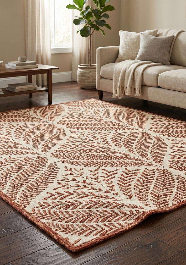 Saffron Rugs Hand-Tufted 100% Wool Area Rug | Rust Brown Rectangle Rug | Cotton Backing | Bohemian Leaf Home Decor Carpet for Living Room Bedroom - Indya