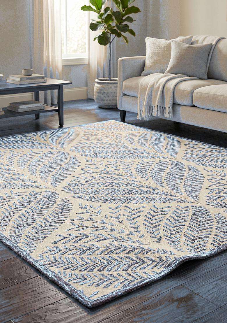 100% Wool Handmade Powder Blue Rug | Bohemian Leaf Rectangle Carpet With Cotton Backing For Living Room - Indya