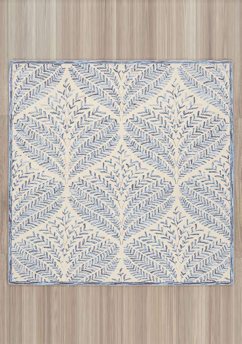 100% Wool Handmade Powder Blue Rug | Bohemian Leaf Rectangle Carpet With Cotton Backing For Living Room - Indya