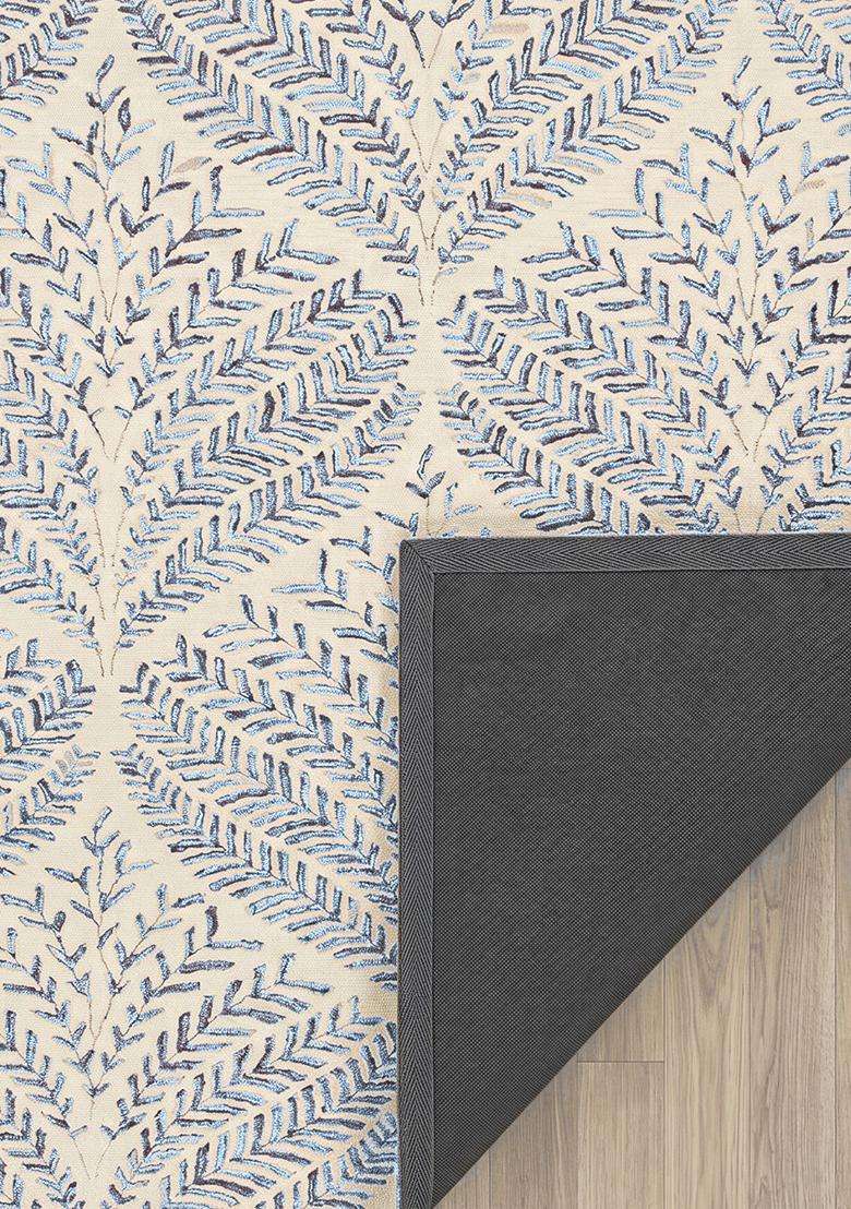 100% Wool Handmade Powder Blue Rug | Bohemian Leaf Rectangle Carpet With Cotton Backing For Living Room - Indya