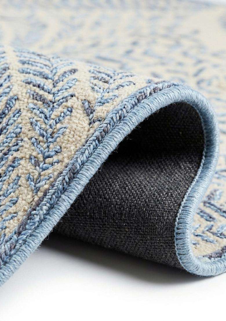 Saffron Rugs Hand-Tufted 100% Wool Area Rug | Powder Blue Rectangle Rug | Cotton Backing | Bohemian Leaf Home Decor Carpet for Living Room Bedroom - Indya