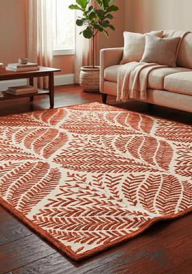 Saffron Rugs Hand Tufted Rust Orange Leaf Bohemian Rectangle Wool Area Rug