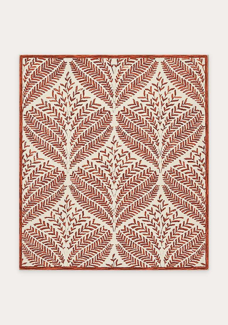 100% Wool Handmade Rust Orange Rug | Bohemian Leaf Rectangle Carpet With Cotton Backing For Living Room - Indya