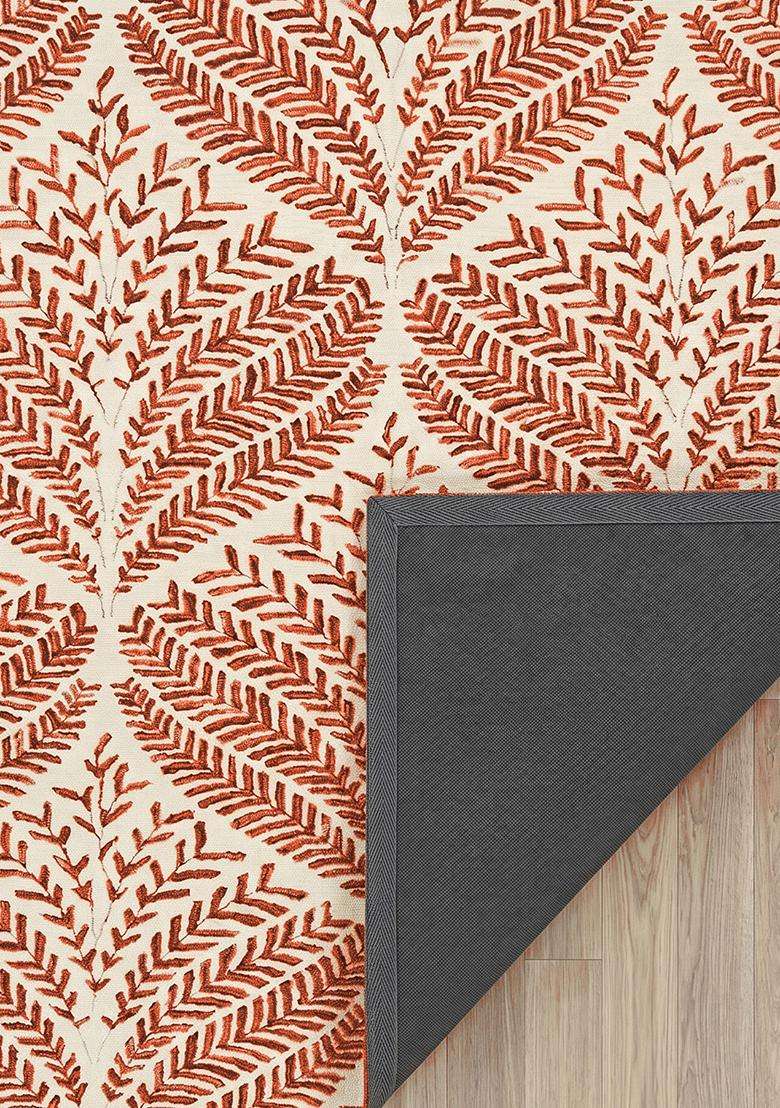 100% Wool Handmade Rust Orange Rug | Bohemian Leaf Rectangle Carpet With Cotton Backing For Living Room - Indya