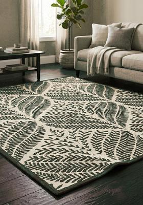 Saffron Rugs Hand Tufted Forest Green Leaf Bohemian Rectangle Wool Area Rug