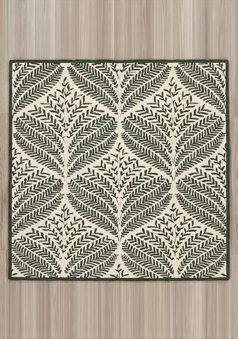 Saffron Rugs Hand Tufted Forest Green Leaf Bohemian Rectangle Wool Area Rug - Indya