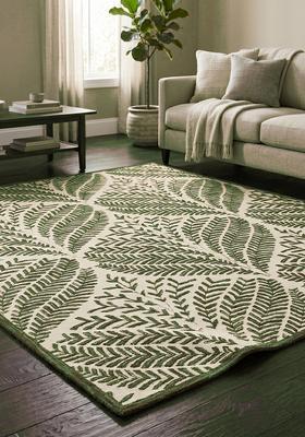 Saffron Rugs Hand Tufted Olive Green Leaf Bohemian Rectangle Wool Area Rug