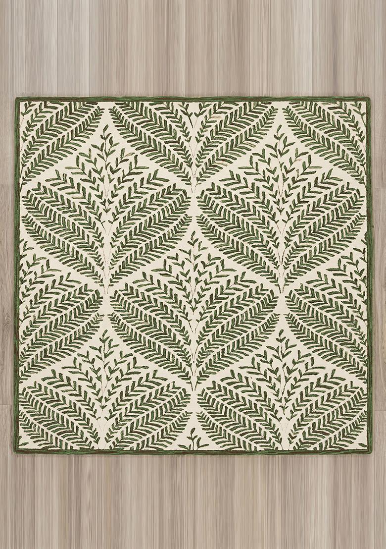 Saffron Rugs Hand Tufted Olive Green Leaf Bohemian Rectangle Wool Area Rug - Indya
