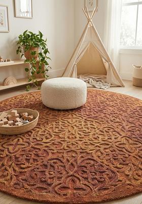 Saffron Rugs Hand Tufted Burnt Orange Swirls Contemporary Round Wool Area Rug