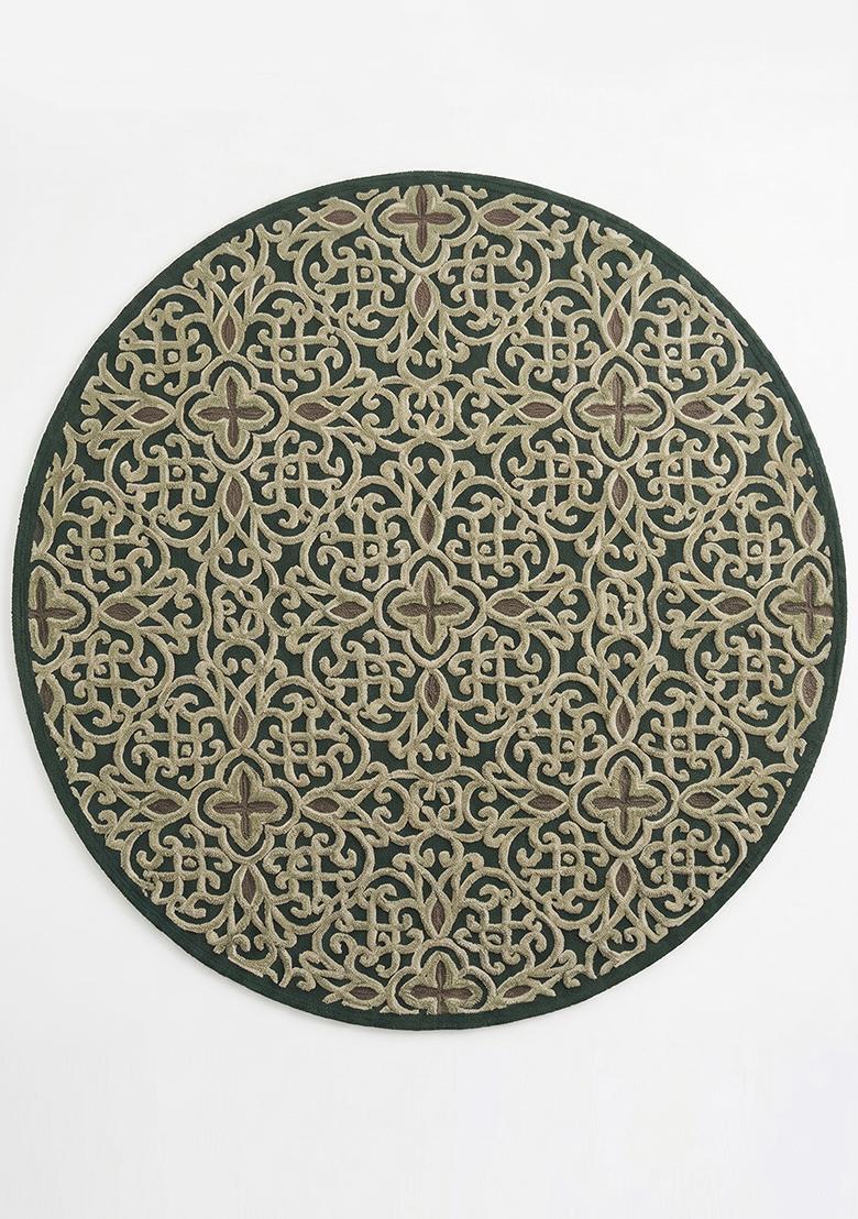 Saffron Rugs Hand Tufted Forest Green Swirls Contemporary Round Wool Area Rug - Indya