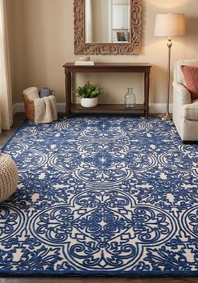 Saffron Rugs Hand Tufted Royal Blue Swirls Baroque Rectangle Wool Area Rug