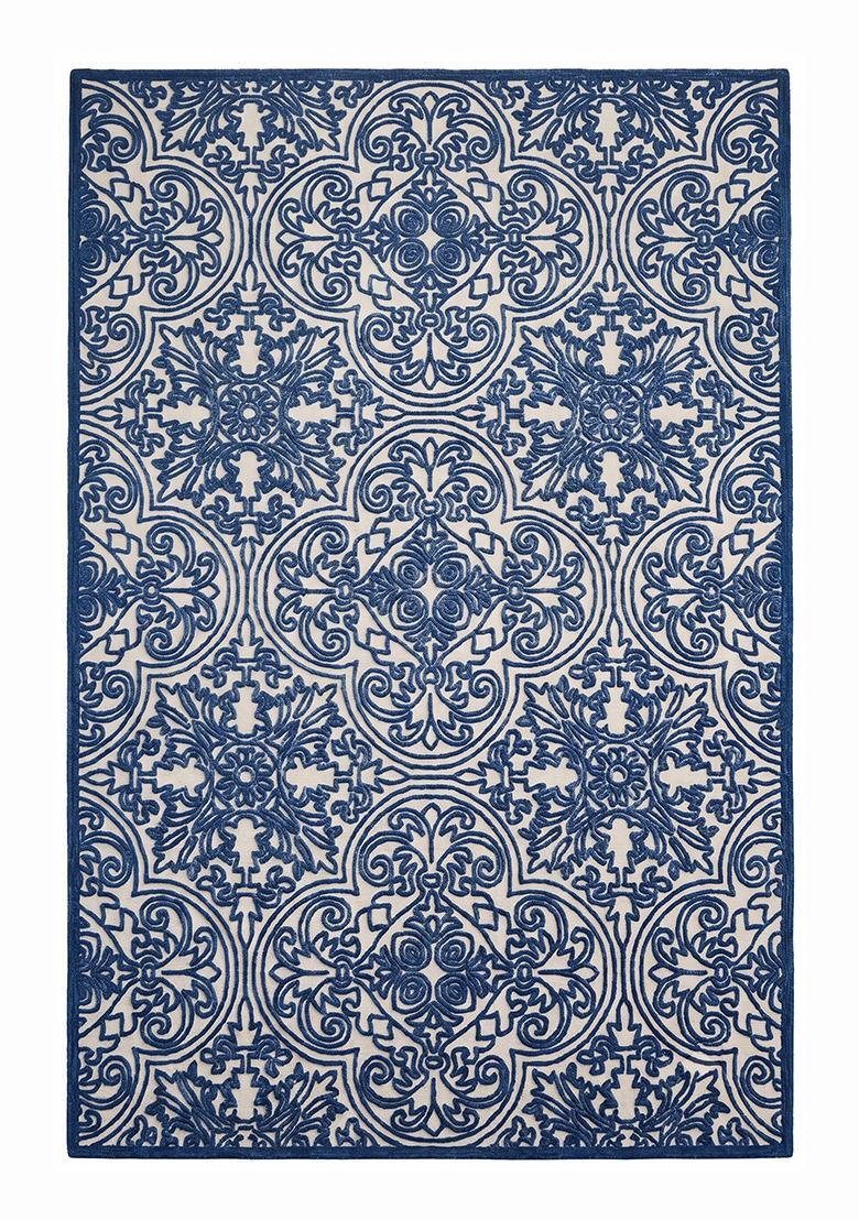 Saffron Rugs Hand Tufted Royal Blue Swirls Baroque Rectangle Wool Area Rug - Indya
