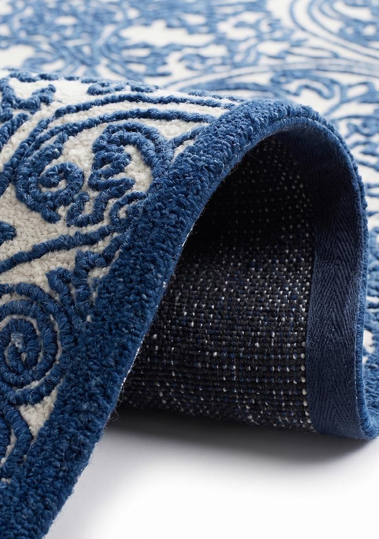 Saffron Rugs Hand Tufted Royal Blue Swirls Baroque Rectangle Wool Area Rug - Indya