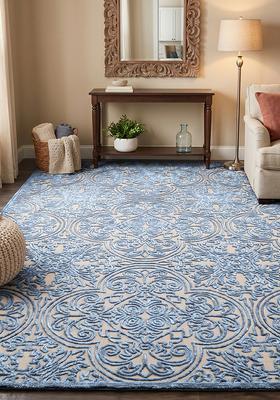Saffron Rugs Hand Tufted Pastel Blue Swirls Baroque Rectangle Wool Area Rug
