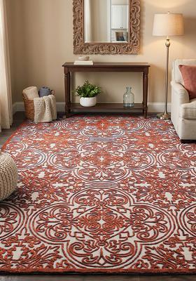 Saffron Rugs Hand Tufted Burnt Orange Swirls Baroque Rectangle Wool Area Rug