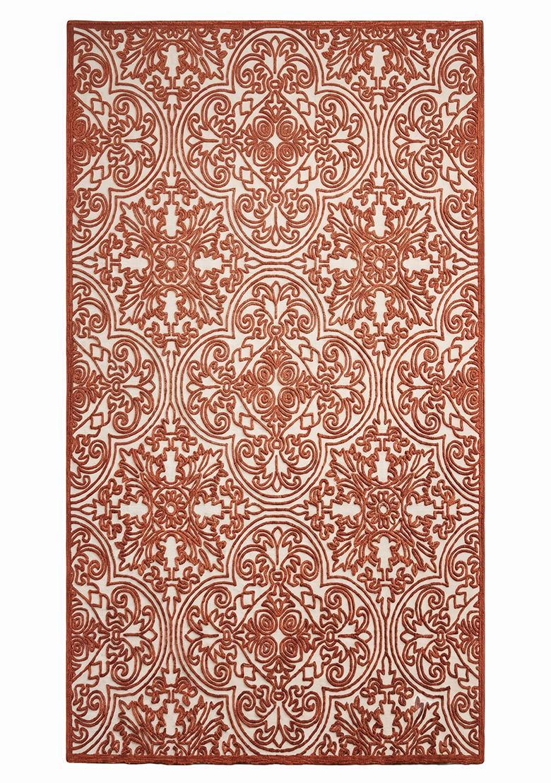 Saffron Rugs Hand Tufted Burnt Orange Swirls Baroque Rectangle Wool Area Rug - Indya