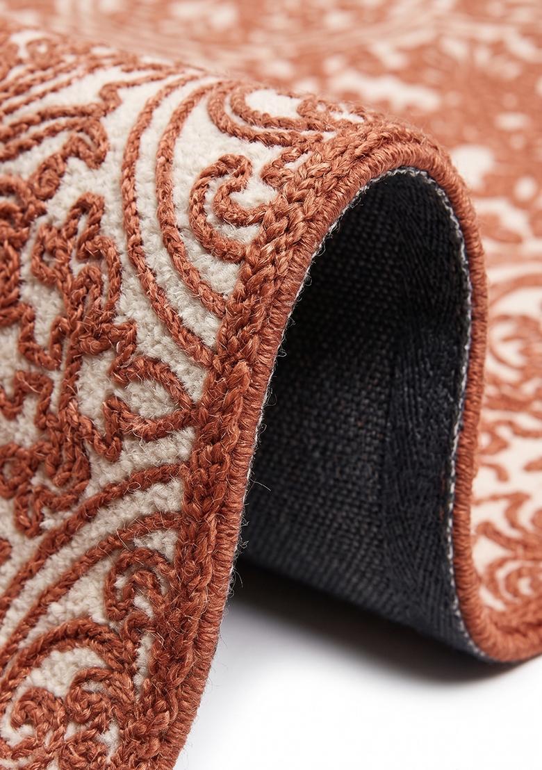 Saffron Rugs Hand Tufted Burnt Orange Swirls Baroque Rectangle Wool Area Rug - Indya