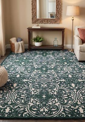 Saffron Rugs Hand Tufted Forest Green Swirls Baroque Rectangle Wool Area Rug