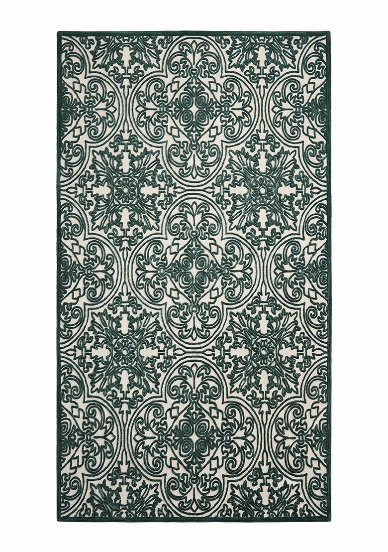 Saffron Rugs Hand Tufted Forest Green Swirls Baroque Rectangle Wool Area Rug - Indya