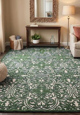 Saffron Rugs Hand Tufted Olive Green Swirls Baroque Rectangle Wool Area Rug