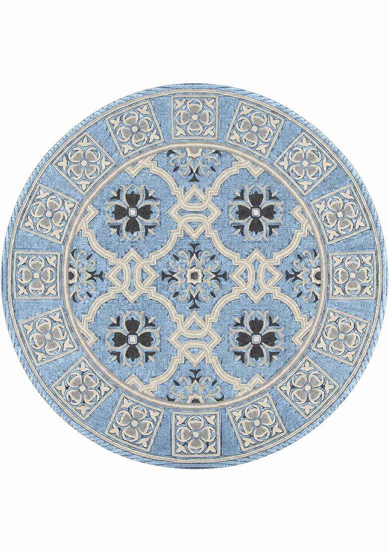 Saffron Rugs Hand Tufted Pastel Blue Floral Oriental Round Wool Area Rug - Indya