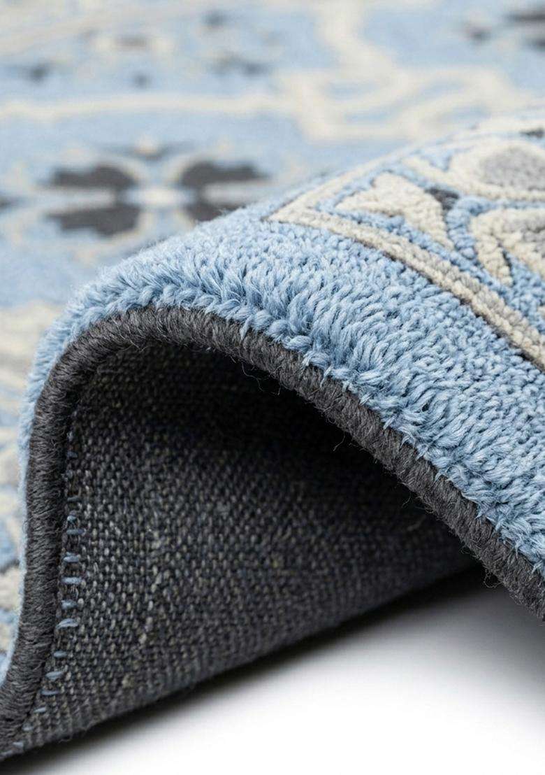 Saffron Rugs Hand Tufted Pastel Blue Floral Oriental Round Wool Area Rug - Indya