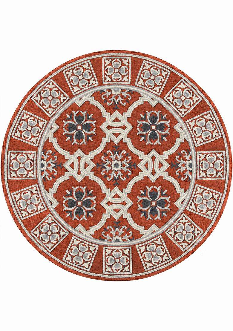Saffron Rugs Hand Tufted Burnt Orange Floral Oriental Round Wool Area Rug - Indya