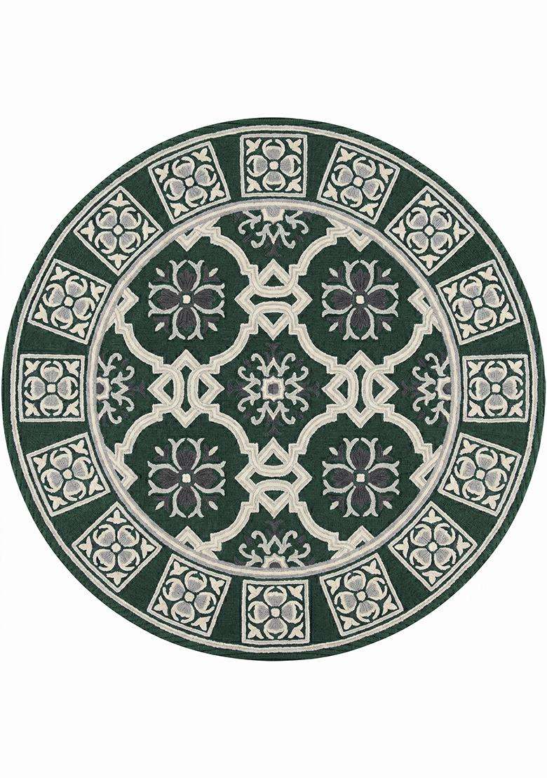 Saffron Rugs Hand Tufted Forest Green Floral Oriental Round Wool Area Rug - Indya