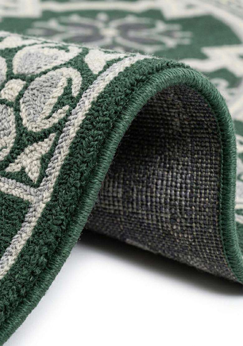 Saffron Rugs Hand Tufted Forest Green Floral Oriental Round Wool Area Rug - Indya