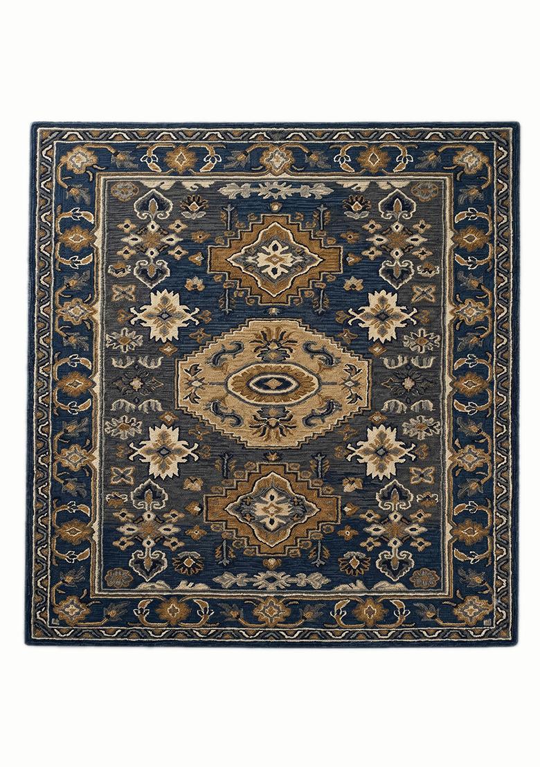 Saffron Rugs Hand Tufted Navy Blue Floral Old World Rectangular Wool Area Rug - Indya