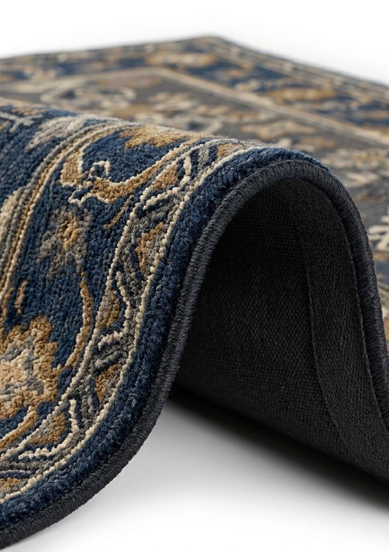 Saffron Rugs Hand Tufted Navy Blue Floral Old World Rectangular Wool Area Rug - Indya