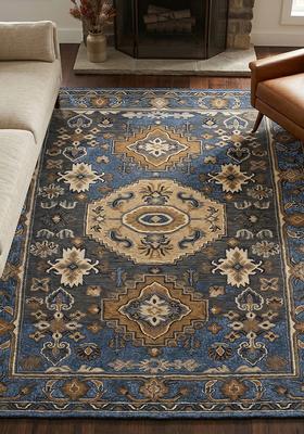 Saffron Rugs Hand Tufted Slate Blue Floral Old World Rectangular Wool Area Rug