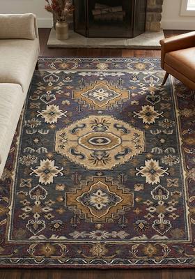 Saffron Rugs Hand Tufted Dark Indigo Floral Old World Rectangular Wool Area Rug