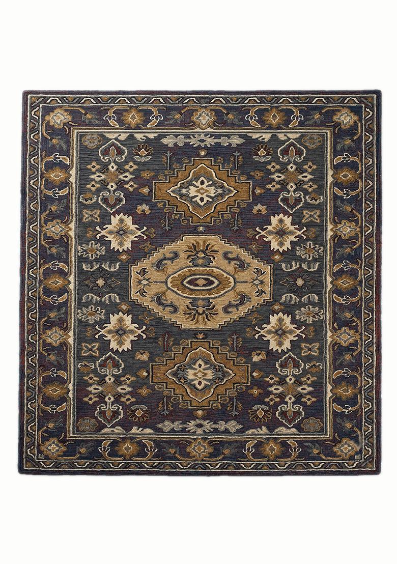 Saffron Rugs Hand Tufted Dark Indigo Floral Old World Rectangular Wool Area Rug - Indya