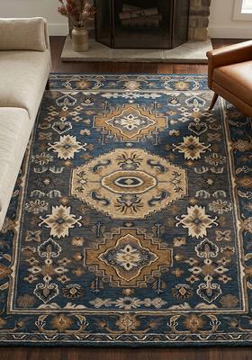 Saffron Rugs Hand Tufted Deep Teal Blue Floral Old World Rectangular Wool Area Rug