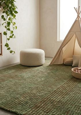 Saffron Rugs Hand Tufted Olive Green Checkered Contemporary Rectangular Wool Area Rug