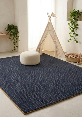 Saffron Rugs Hand Tufted Midnight Blue Herringbone Modern Rectangular Wool Area Rug