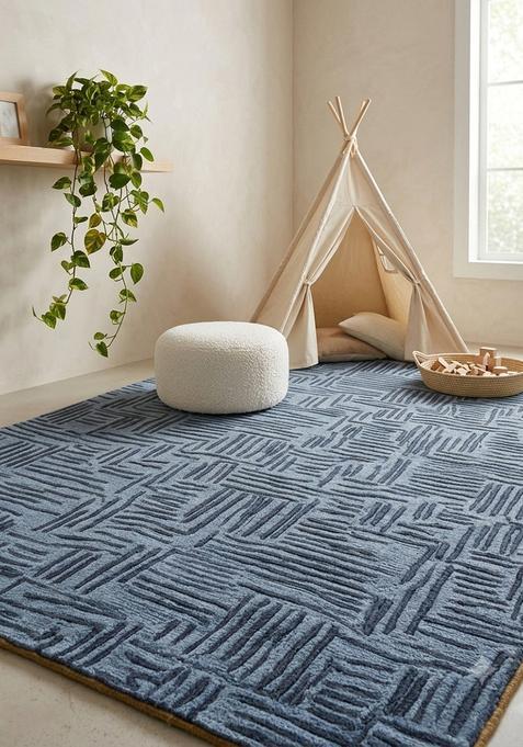 Saffron Rugs Hand Tufted Steel Blue Herringbone Modern Rectangular Wool Area Rug