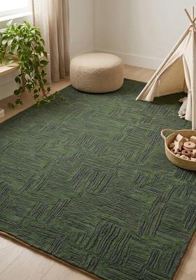 Saffron Rugs Hand Tufted Olive Green Herringbone Modern Rectangular Wool Area Rug