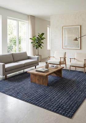 Saffron Rugs Hand Tufted Midnight Blue Moire Contemporary Square Wool Area Rug