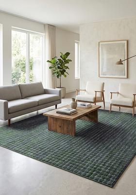 Saffron Rugs Hand Tufted Forest Green Moire Contemporary Square Wool Area Rug
