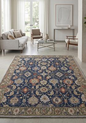 Saffron Rugs Hand Tufted Prussian Blue Floral Oriental Rectangular Wool Area Rug