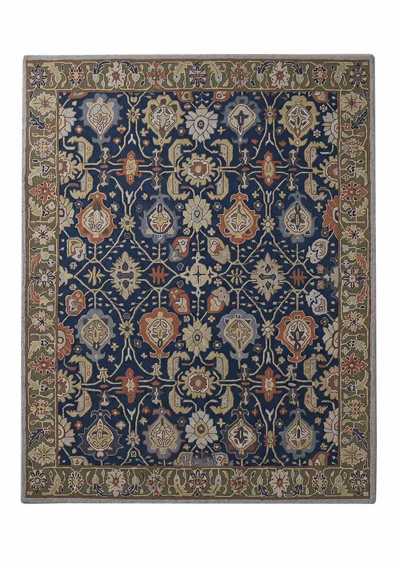 Saffron Rugs Hand Tufted Prussian Blue Floral Oriental Rectangular Wool Area Rug - Indya