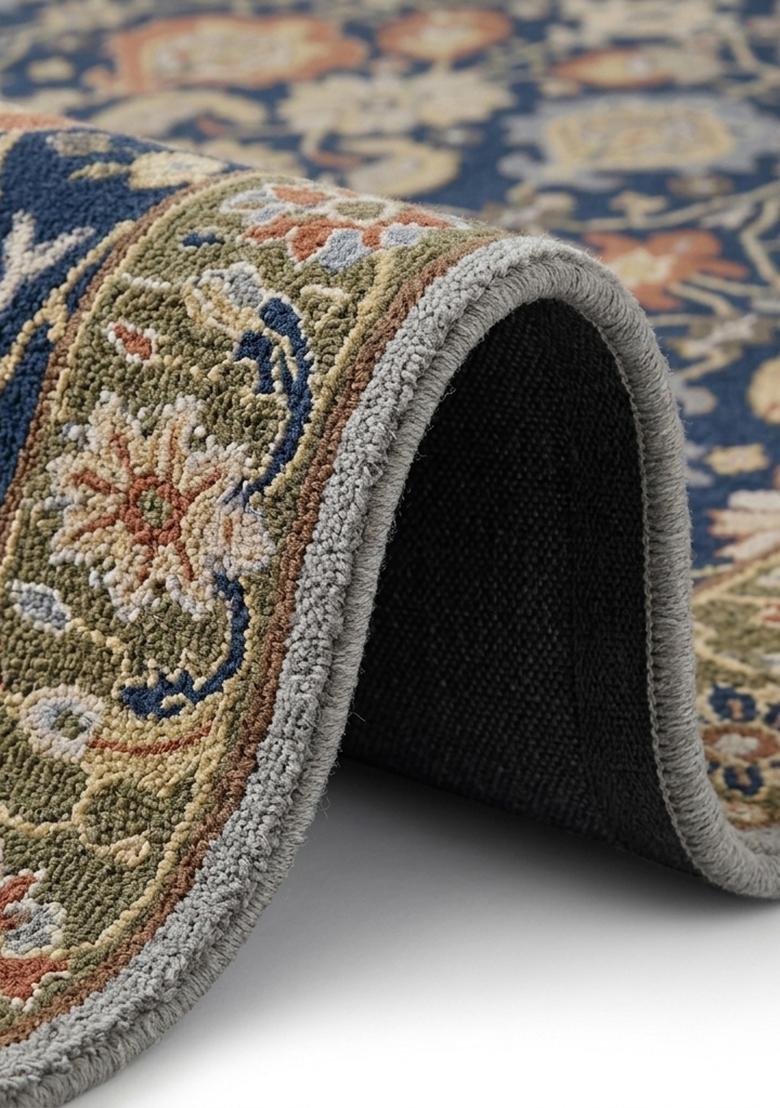 Saffron Rugs Hand Tufted Prussian Blue Floral Oriental Rectangular Wool Area Rug - Indya