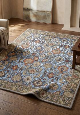 Saffron Rugs Hand Tufted Pastel Blue Floral Oriental Rectangular Wool Area Rug