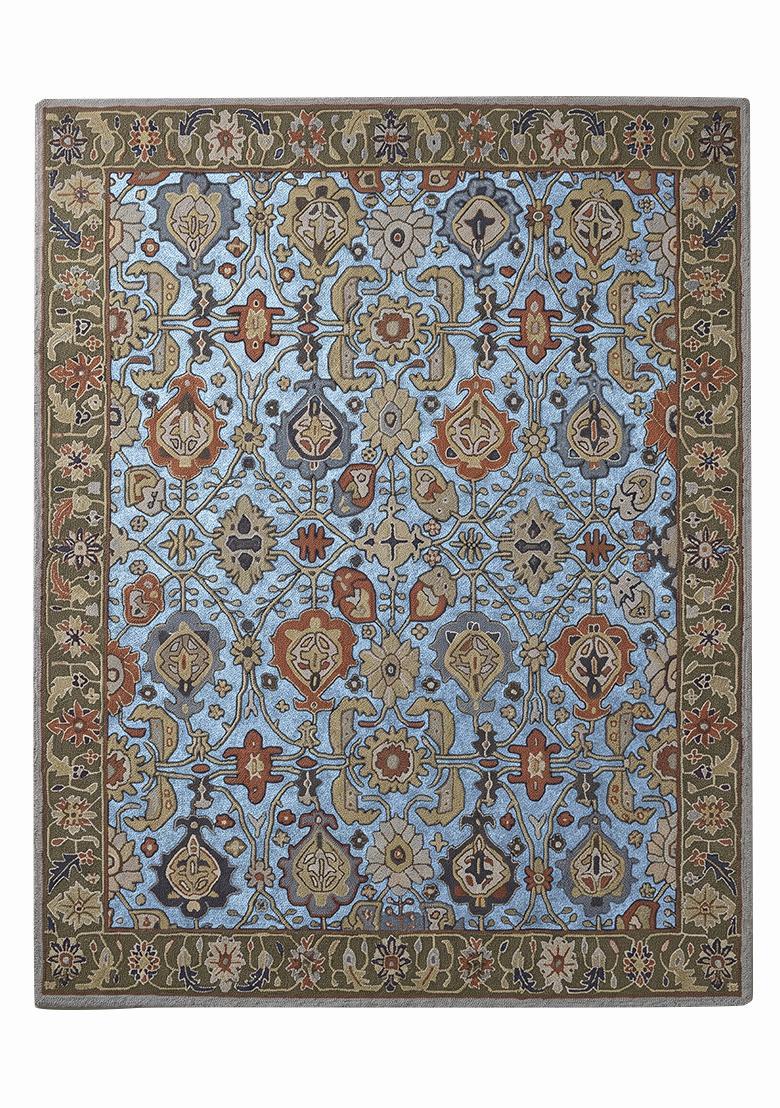 Saffron Rugs Hand Tufted Pastel Blue Floral Oriental Rectangular Wool Area Rug - Indya